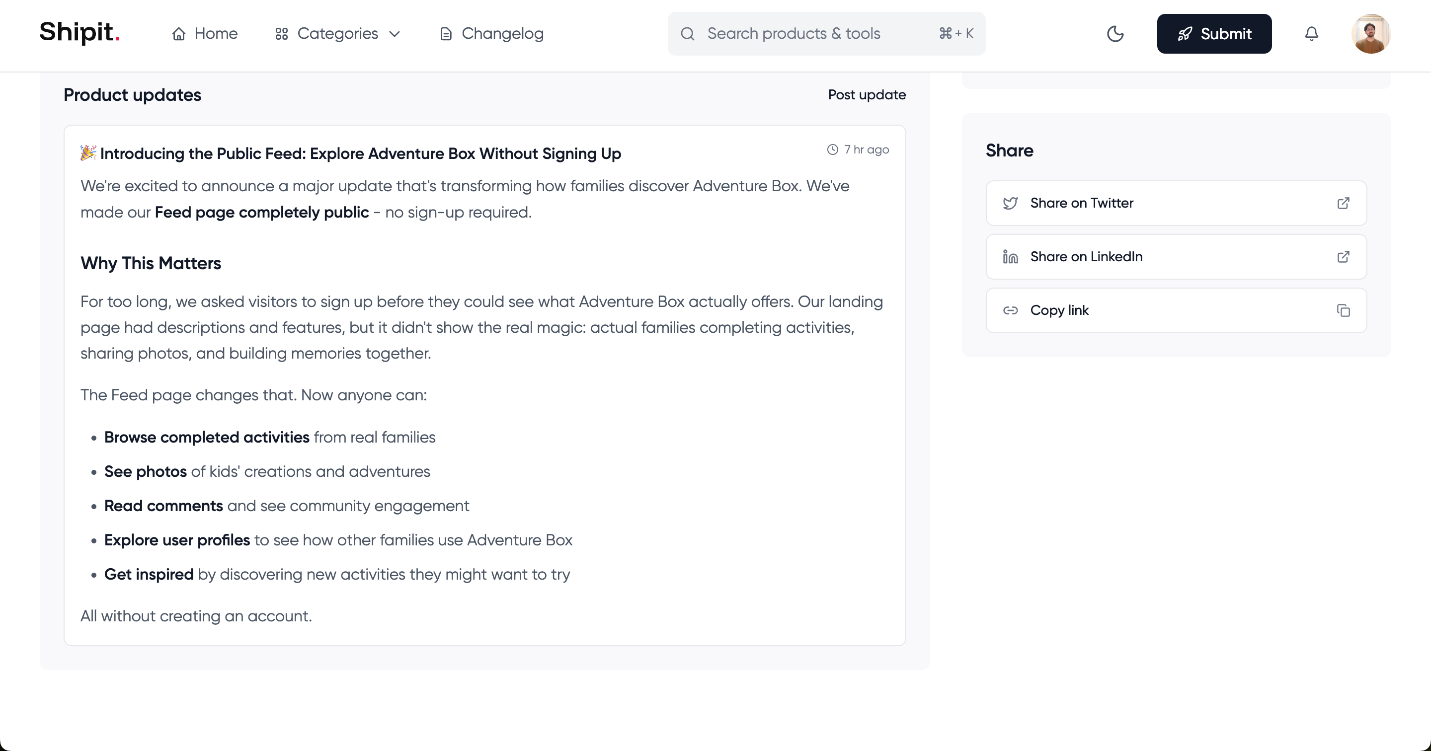 Product page updates section